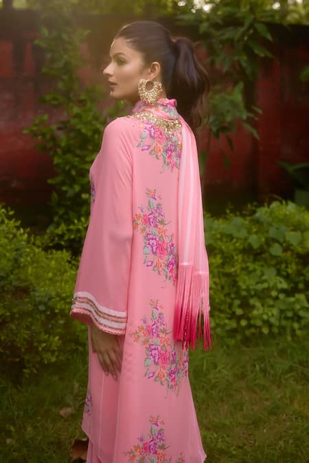 Nikasha Pink Georgette Embroidery, Fringe Round Neck Dilkush Floral Kurta Sharara Set Online at Aza Fashions Nikasha_Pink Georgette Embroidery, Fringe Round Neck Dilkush Floral Kurta Sharara Set _Online_at_Aza_Fashions