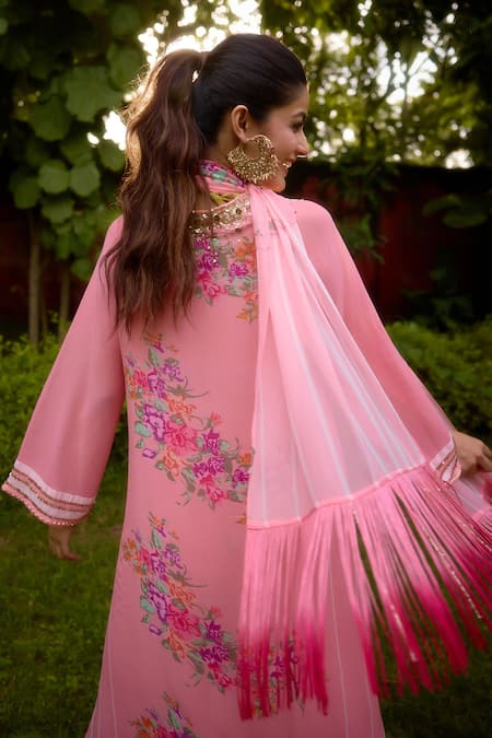 Shop Nikasha Pink Georgette Embroidery, Fringe Round Neck Dilkush Floral Kurta Sharara Set at Aza Fashions Shop_Nikasha_Pink Georgette Embroidery, Fringe Round Neck Dilkush Floral Kurta Sharara Set _at_Aza_Fashions