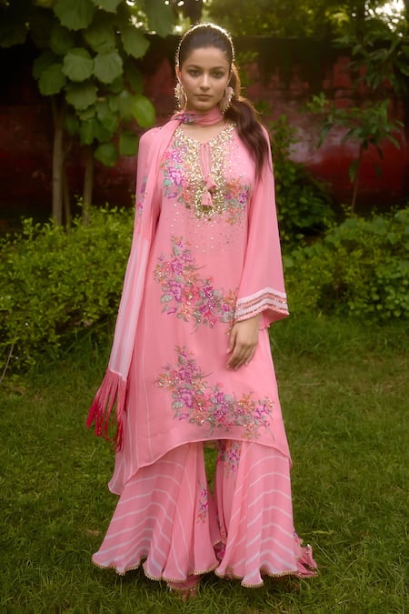 Nikasha Pink Georgette Embroidery, Fringe Round Neck Dilkush Floral Kurta Sharara Set
