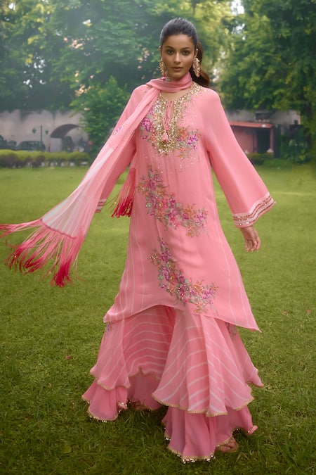 Shop Nikasha Pink Georgette Embroidery, Fringe Round Neck Dilkush Floral Kurta Sharara Set Online at Aza Fashions Shop_Nikasha_Pink Georgette Embroidery, Fringe Round Neck Dilkush Floral Kurta Sharara Set _Online_at_Aza_Fashions