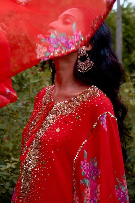 Buy_Nikasha_Red Georgette Sequins, Embroidery Round Neck Dilruba Kaftan Set _Online_at_Aza_Fashions
