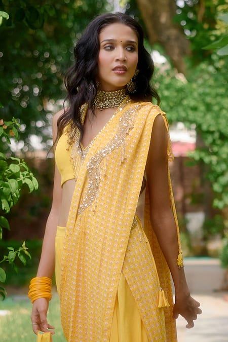 Nikasha_Yellow Silk Beads V-neck Haseena Printed Pre-draped Dhoti Saree With Blouse _Online_at_Aza_Fashions