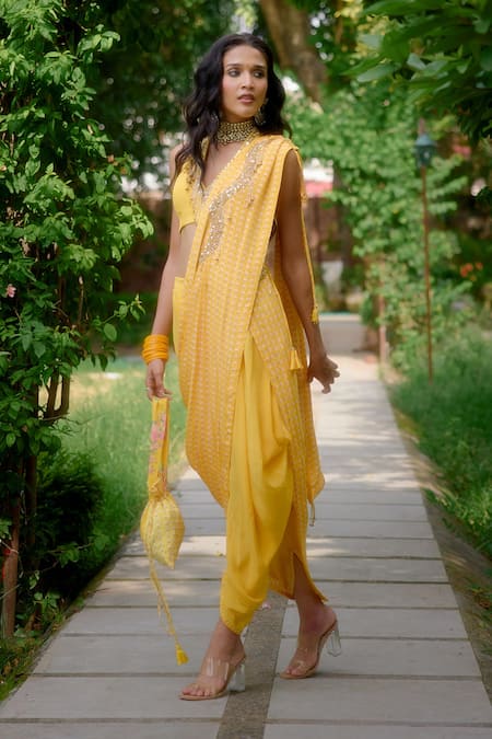 Buy_Nikasha_Yellow Silk Beads V-neck Haseena Printed Pre-draped Dhoti Saree With Blouse _Online_at_Aza_Fashions