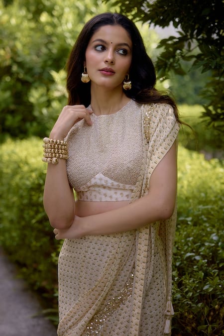 Buy_Nikasha_Cream Georgette Haseena Floral Print Pre-draped Lehenga Saree With Blouse _Online_at_Aza_Fashions