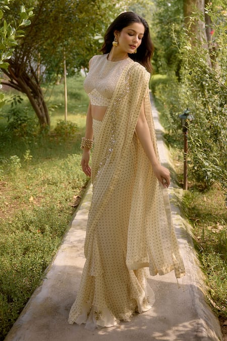 Shop_Nikasha_Cream Georgette Haseena Floral Print Pre-draped Lehenga Saree With Blouse _Online_at_Aza_Fashions