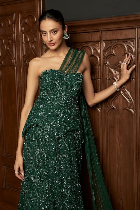 Istya_Emerald Green Net Sequins, Embroidery, Beads Fishcut Lehenga With Corset Blouse _Online_at_Aza_Fashions
