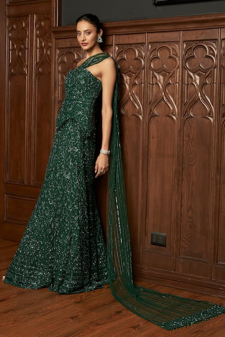 Buy_Istya_Emerald Green Net Sequins, Embroidery, Beads Fishcut Lehenga With Corset Blouse _Online_at_Aza_Fashions