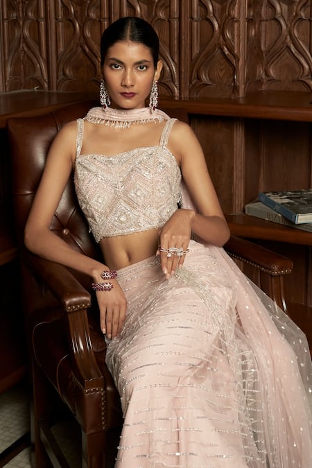 Istya Pink Net Sequins, Beads, Embroidery Square Neck Blouse Draped Skirt Set Online at Aza Fashions Istya_Pink Net Sequins, Beads, Embroidery Square Neck Blouse Draped Skirt Set _Online_at_Aza_Fashions