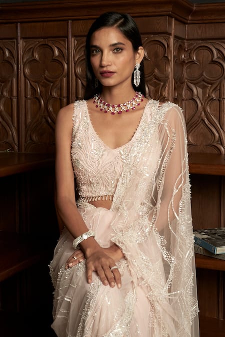 Istya_Pink Net Sequins, Embroidery, Beads V-neck Saree With Blouse _Online_at_Aza_Fashions