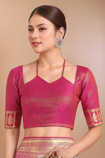 Buy Pink Silk Zari, Tassels Square , Round Banarasi Woven Saree And ...