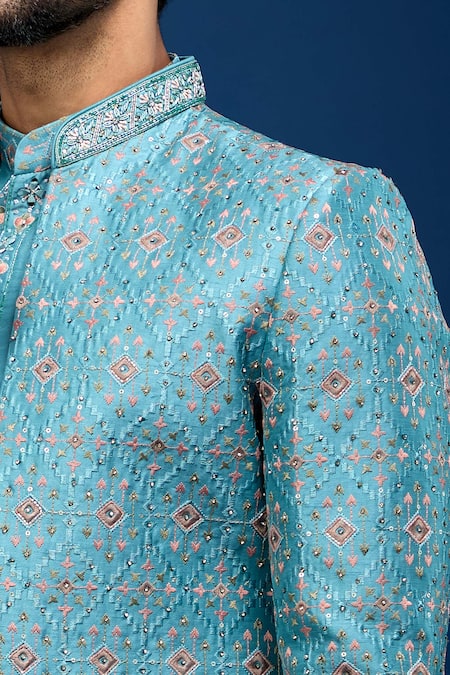 Arihant Rai Sinha_Cobalt Silk, Polyester Embroidery, Sequins Sherwani Set _Online_at_Aza_Fashions