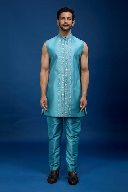 Shop_Arihant Rai Sinha_Cobalt Silk, Polyester Embroidery, Sequins Sherwani Set _Online_at_Aza_Fashions