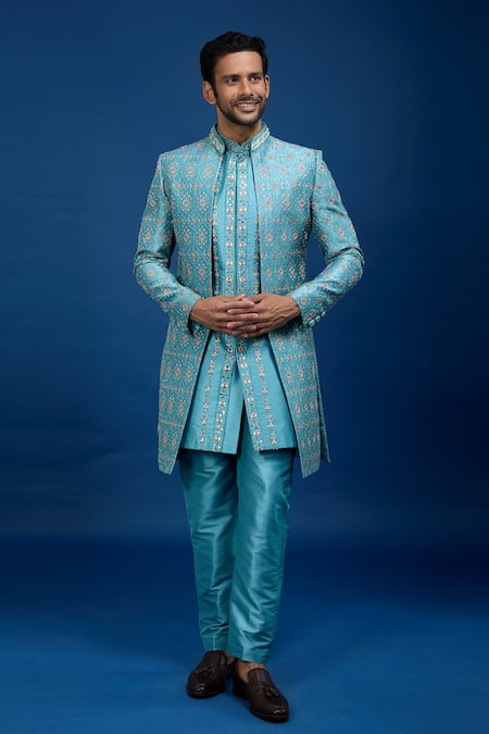 Arihant Rai Sinha_Cobalt Silk, Polyester Embroidery, Sequins Sherwani Set _at_Aza_Fashions