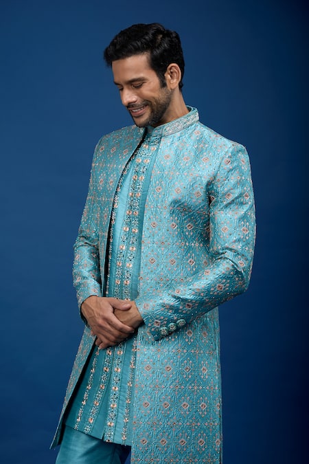 Buy_Arihant Rai Sinha_Cobalt Silk, Polyester Embroidery, Sequins Sherwani Set 