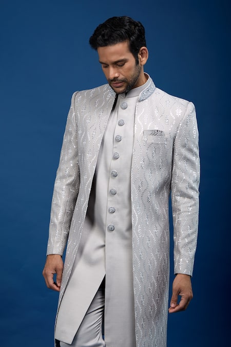 Buy_Arihant Rai Sinha_Gray Silk Embroidery Sherwani Set _Online_at_Aza_Fashions