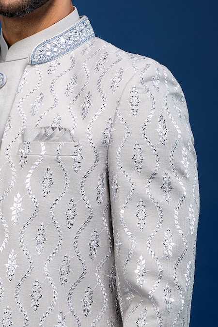 Shop_Arihant Rai Sinha_Gray Silk Embroidery Sherwani Set _Online_at_Aza_Fashions
