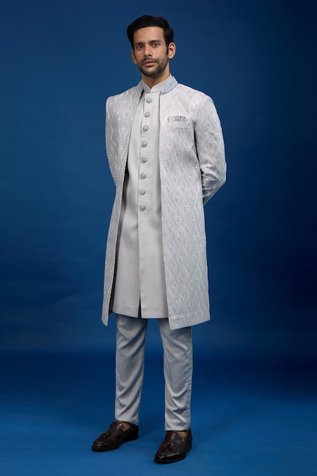 Arihant Rai Sinha_Gray Silk Embroidery Sherwani Set _at_Aza_Fashions