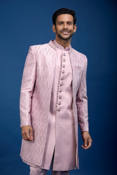Arihant Rai Sinha_Pink Silk Embroidery, Sequins Sherwani Set _Online_at_Aza_Fashions