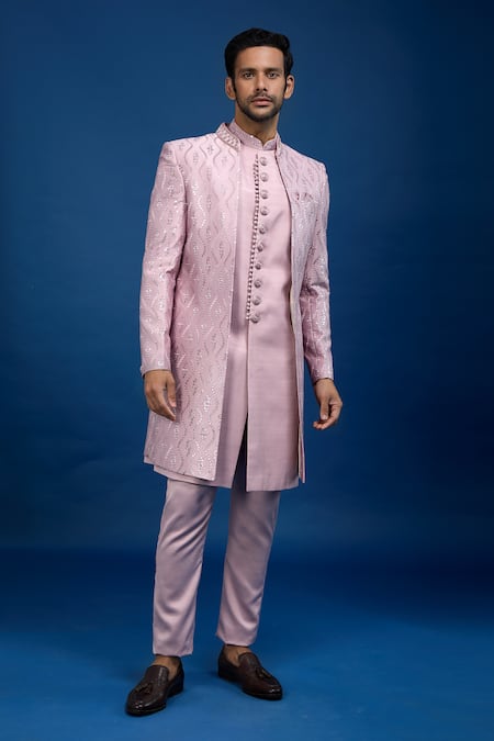 Arihant Rai Sinha_Pink Silk Embroidery, Sequins Sherwani Set _at_Aza_Fashions