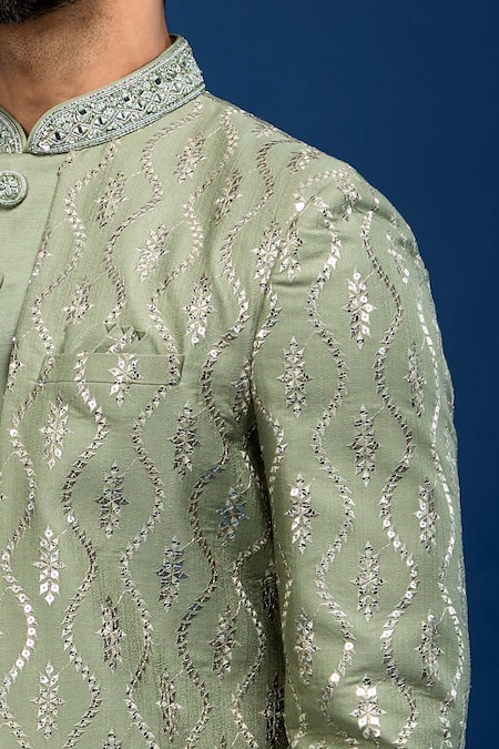 Arihant Rai Sinha_Green Silk Embroidery, Zari Sherwani With Pant _Online_at_Aza_Fashions