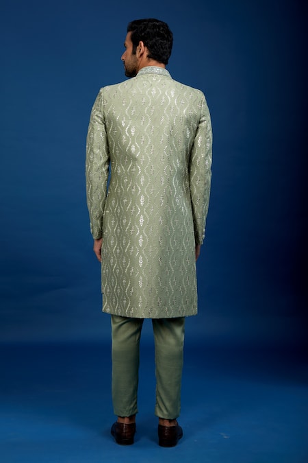 Shop_Arihant Rai Sinha_Green Silk Embroidery, Zari Sherwani With Pant _at_Aza_Fashions