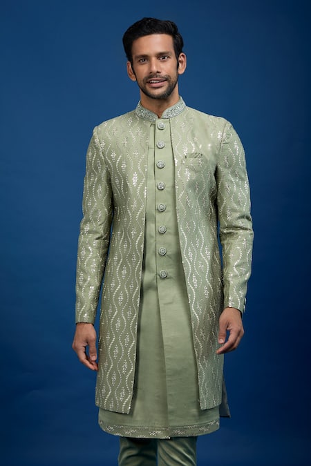 Buy_Arihant Rai Sinha_Green Silk Embroidery, Zari Sherwani With Pant _Online_at_Aza_Fashions