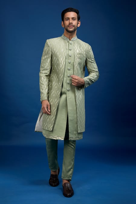 Arihant Rai Sinha Green Silk Embroidery, Zari Sherwani With Pant 