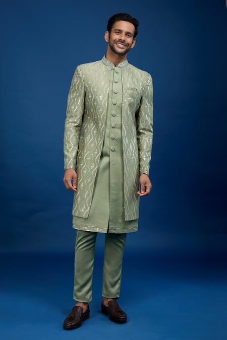 Shop_Arihant Rai Sinha_Green Silk Embroidery, Zari Sherwani With Pant _Online_at_Aza_Fashions