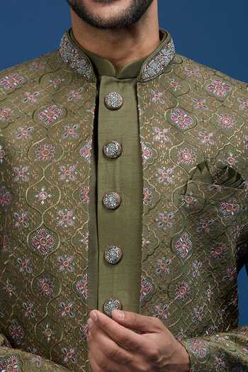 Arihant Rai Sinha_Green Silk Embroidery Butti Sherwani Set _at_Aza_Fashions