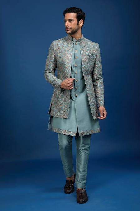 Arihant Rai Sinha_Blue Silk Embroidery, Zari Butti Sherwani Set _Online_at_Aza_Fashions