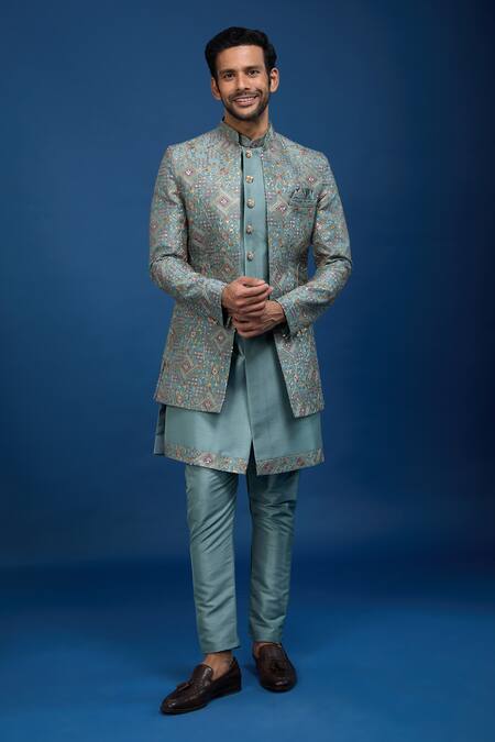 Buy_Arihant Rai Sinha_Blue Silk Embroidery, Zari Butti Sherwani Set _Online_at_Aza_Fashions
