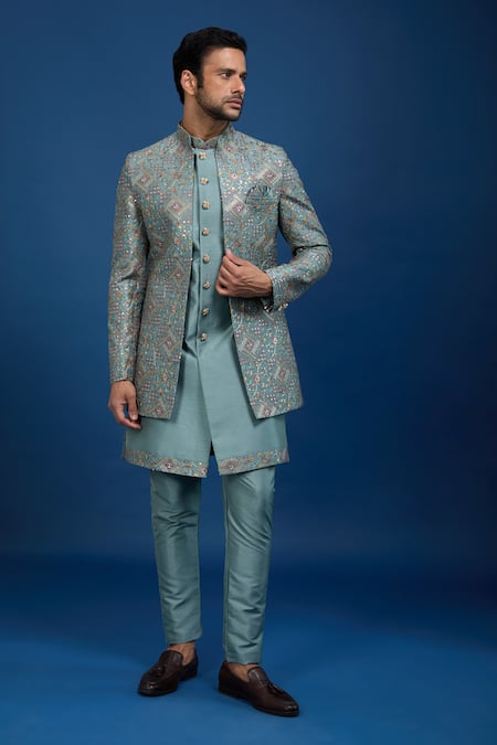 Shop_Arihant Rai Sinha_Blue Silk Embroidery, Zari Butti Sherwani Set _Online_at_Aza_Fashions