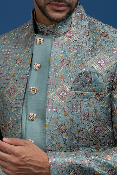 Buy_Arihant Rai Sinha_Blue Silk Embroidery, Zari Butti Sherwani Set 