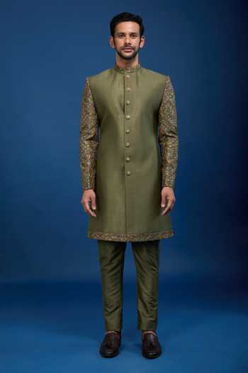 Arihant Rai Sinha_Green Silk Embroidery, Zari Butti Sherwani Set _Online_at_Aza_Fashions