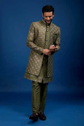 Buy_Arihant Rai Sinha_Green Silk Embroidery, Zari Butti Sherwani Set _Online_at_Aza_Fashions