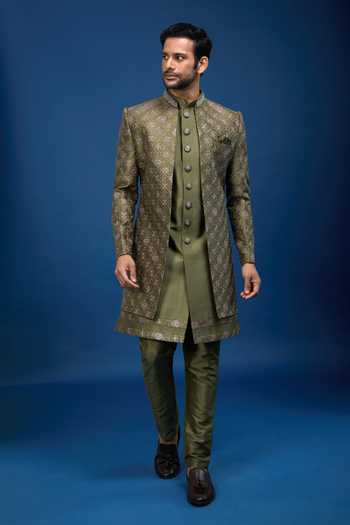 Shop_Arihant Rai Sinha_Green Silk Embroidery, Zari Butti Sherwani Set _Online_at_Aza_Fashions