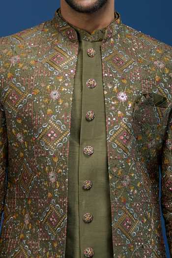 Buy_Arihant Rai Sinha_Green Silk Embroidery, Zari Butti Sherwani Set 