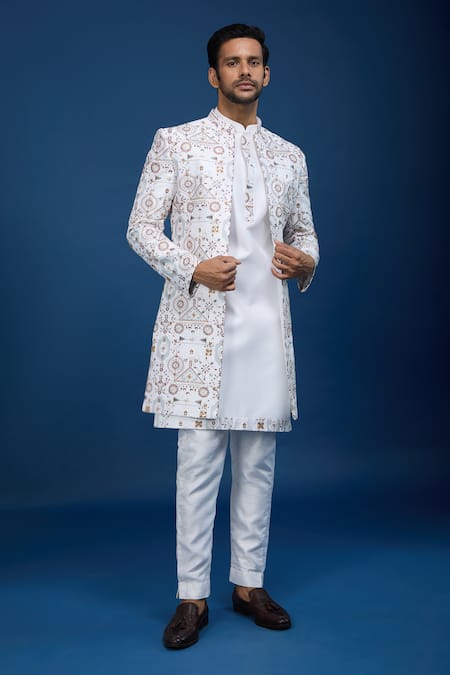 Shop_Arihant Rai Sinha_Cream Silk Embroidery Sherwani Set _Online_at_Aza_Fashions