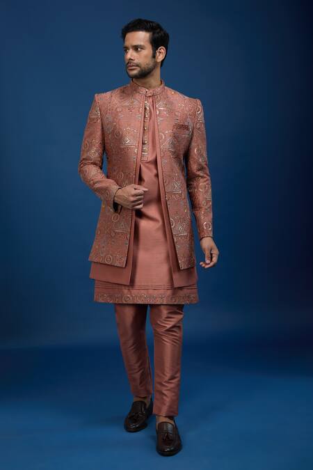 Arihant Rai Sinha_Rust Silk Embroidery, Zari, Sequins Butti Sherwani Set _Online_at_Aza_Fashions