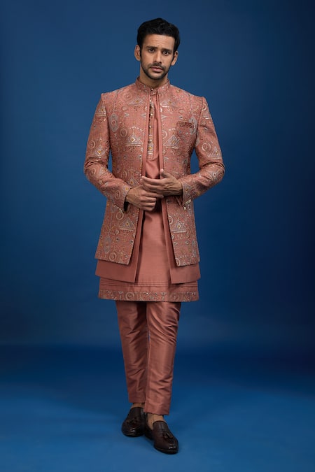 Shop_Arihant Rai Sinha_Rust Silk Embroidery, Zari, Sequins Butti Sherwani Set _Online_at_Aza_Fashions