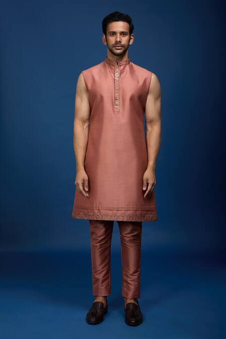 Arihant Rai Sinha_Rust Silk Embroidery, Zari, Sequins Butti Sherwani Set _at_Aza_Fashions