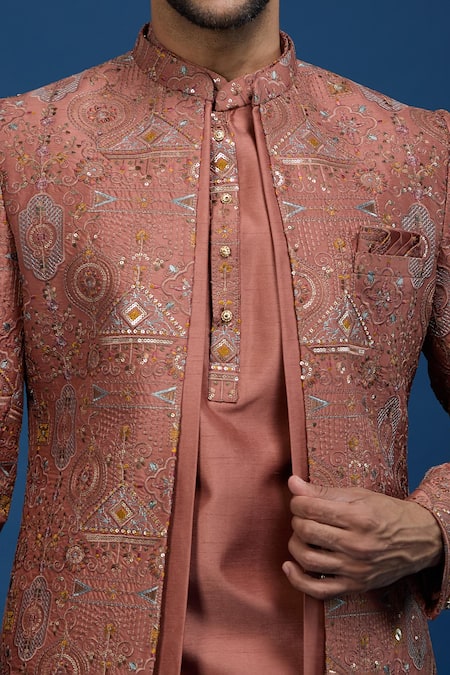 Buy_Arihant Rai Sinha_Rust Silk Embroidery, Zari, Sequins Butti Sherwani Set 