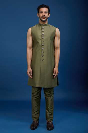 Arihant Rai Sinha_Green Silk Embroidery Butti Sherwani Set _Online_at_Aza_Fashions
