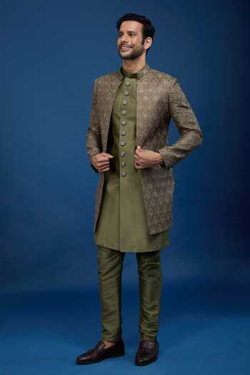 Buy_Arihant Rai Sinha_Green Silk Embroidery Butti Sherwani Set _Online_at_Aza_Fashions