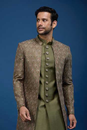 Arihant Rai Sinha_Green Silk Embroidery Butti Sherwani Set _at_Aza_Fashions