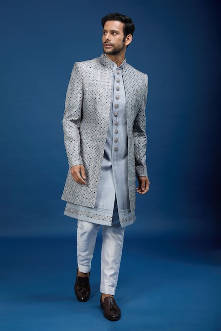 Arihant Rai Sinha_Gray Silk, Dupion Embroidery Jaal Sherwani Set _Online_at_Aza_Fashions