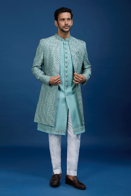 Arihant Rai Sinha_Blue Silk, Dupion Embroidery Jaal Sherwani Set _Online_at_Aza_Fashions