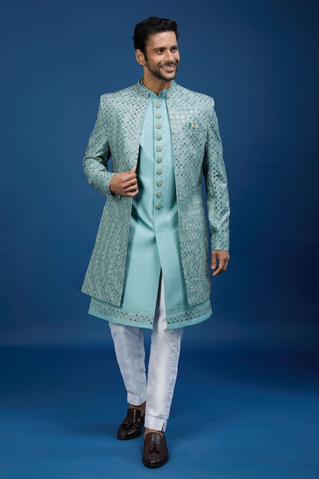 Arihant Rai Sinha Blue Silk, Dupion Embroidery Jaal Sherwani Set 