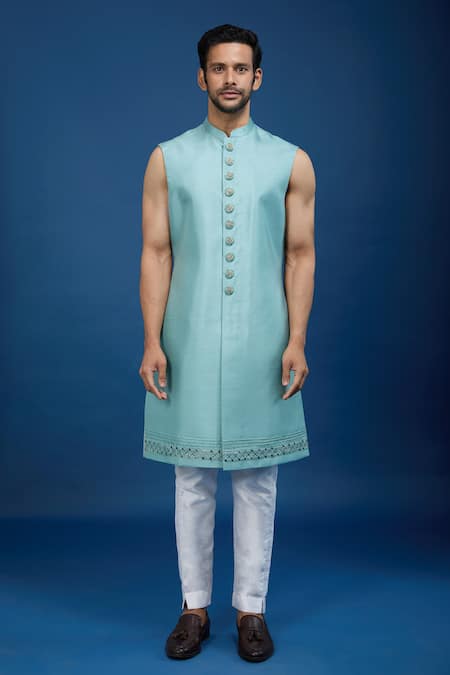 Buy_Arihant Rai Sinha_Blue Silk, Dupion Embroidery Jaal Sherwani Set _Online_at_Aza_Fashions
