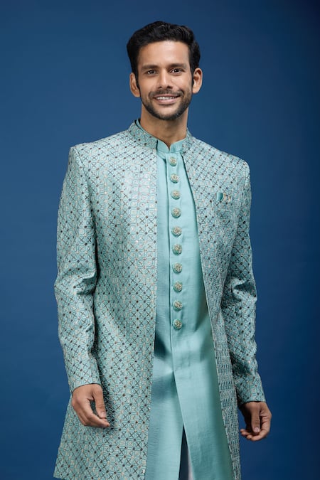 Shop_Arihant Rai Sinha_Blue Silk, Dupion Embroidery Jaal Sherwani Set _Online_at_Aza_Fashions